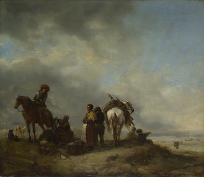 Een uitzicht op een kust met visvrouwen die vis aanbieden aan een ruiter door Philips Wouwerman